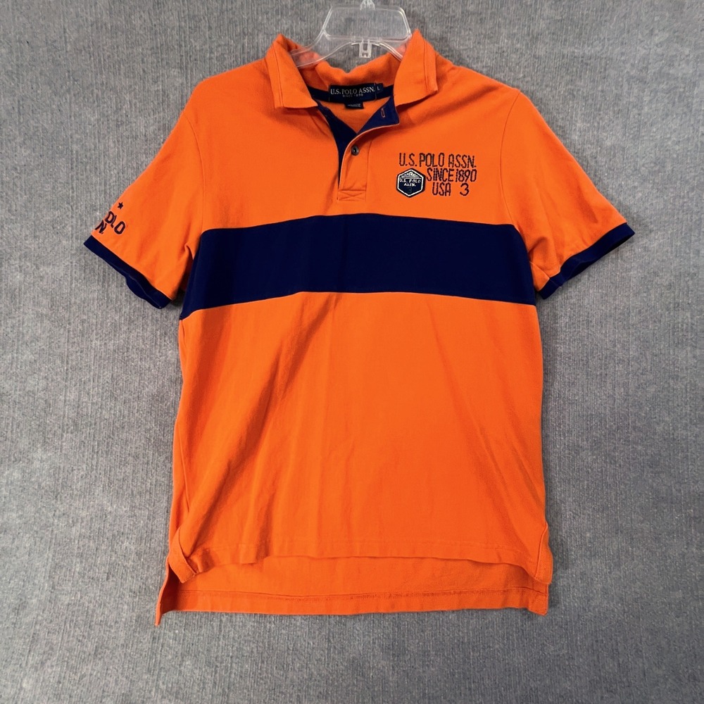 US Polo Assn. Mens Polo Shirt Large Orange Blue Short Sleeve Casual